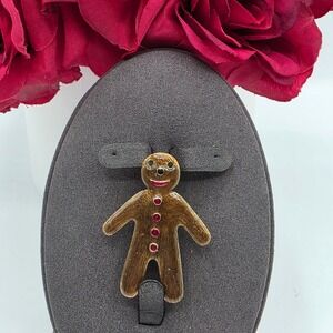 B&W Gingerbread Man Brooch Red Gem Accents Enamel Pin Festive Holiday Jewelry